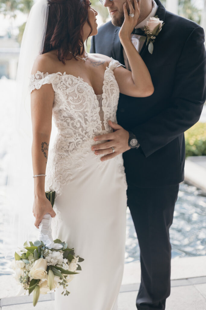 Bride and groom pose for bridal portraits at Hyatt Regency Coconut Point in Estero, Florida. 