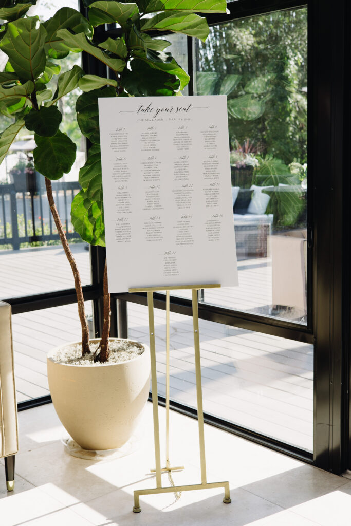 Guest seating chart inside the atrium of The Alderman House in Fort Myers,  Florida. 