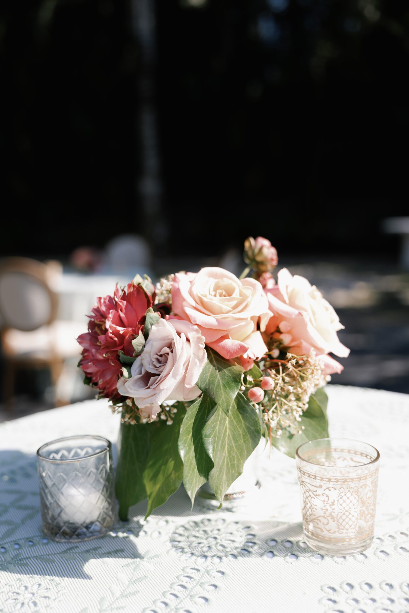 Port Royal Wedding | Priscila Del Cristo Photo Detail of peony centerpieces and candles in Naples' Port Royal.