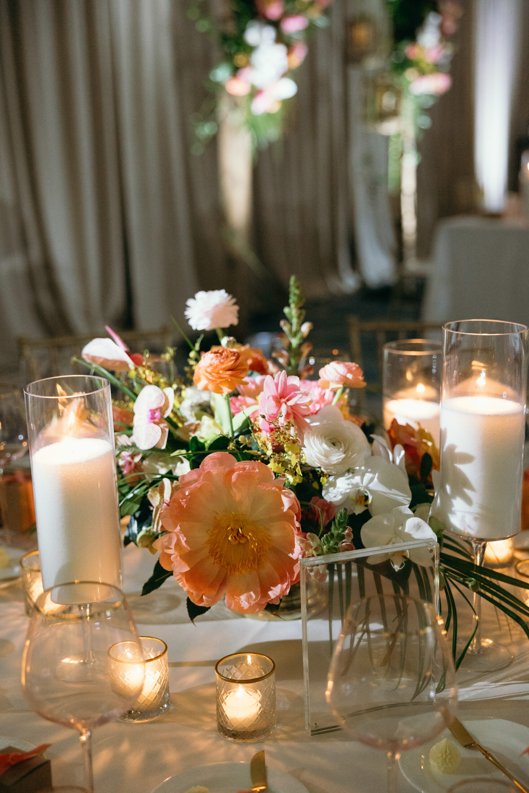 closeup of a wedding reception floral setup by the top wedding florists in naples