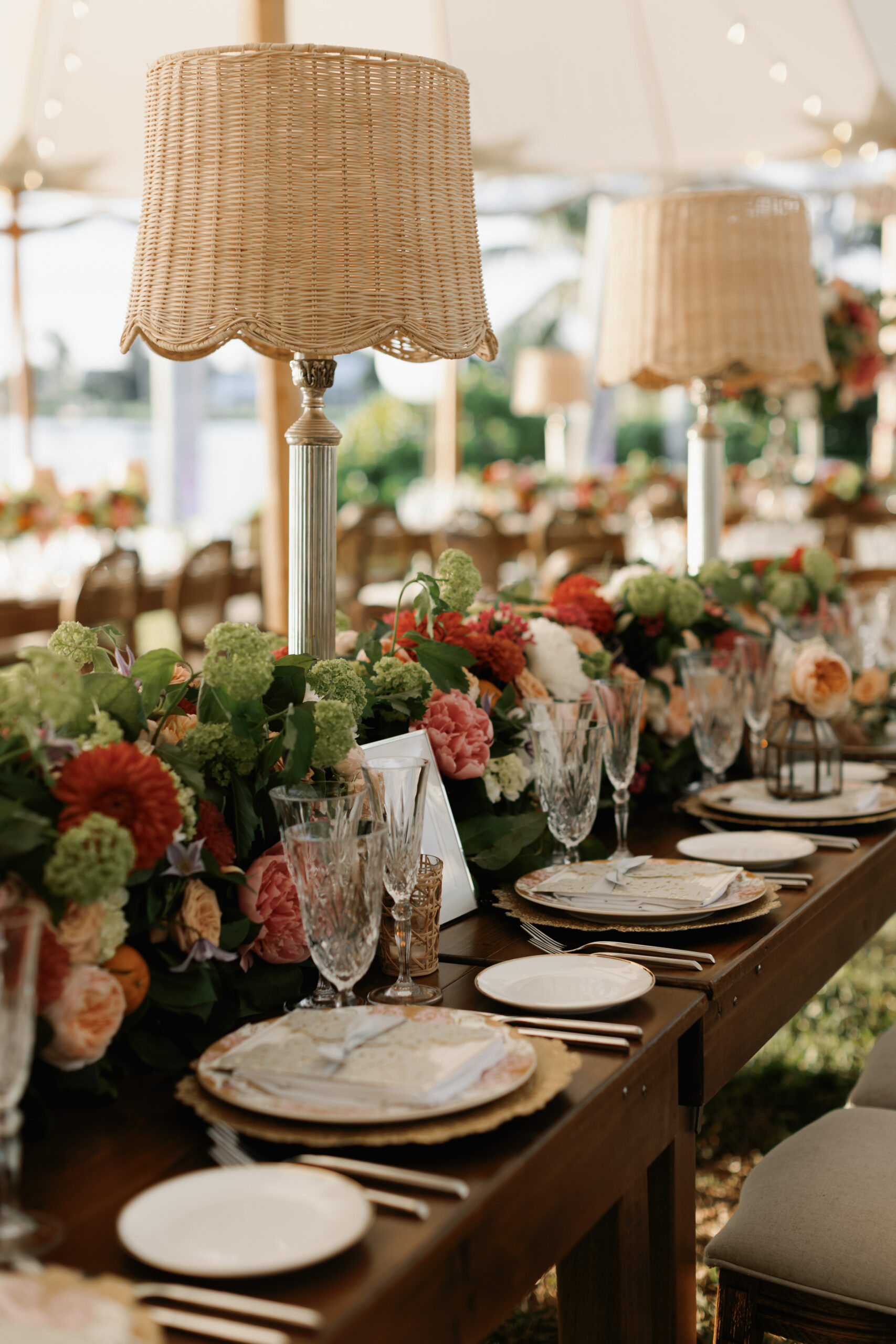 long table florals done by a top wedding florist in naples fl for a wedding reception